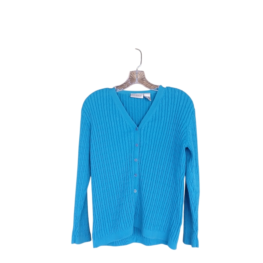 Kim Rogers Blue V Neck Cableknit Cotton Cardigan Size MP